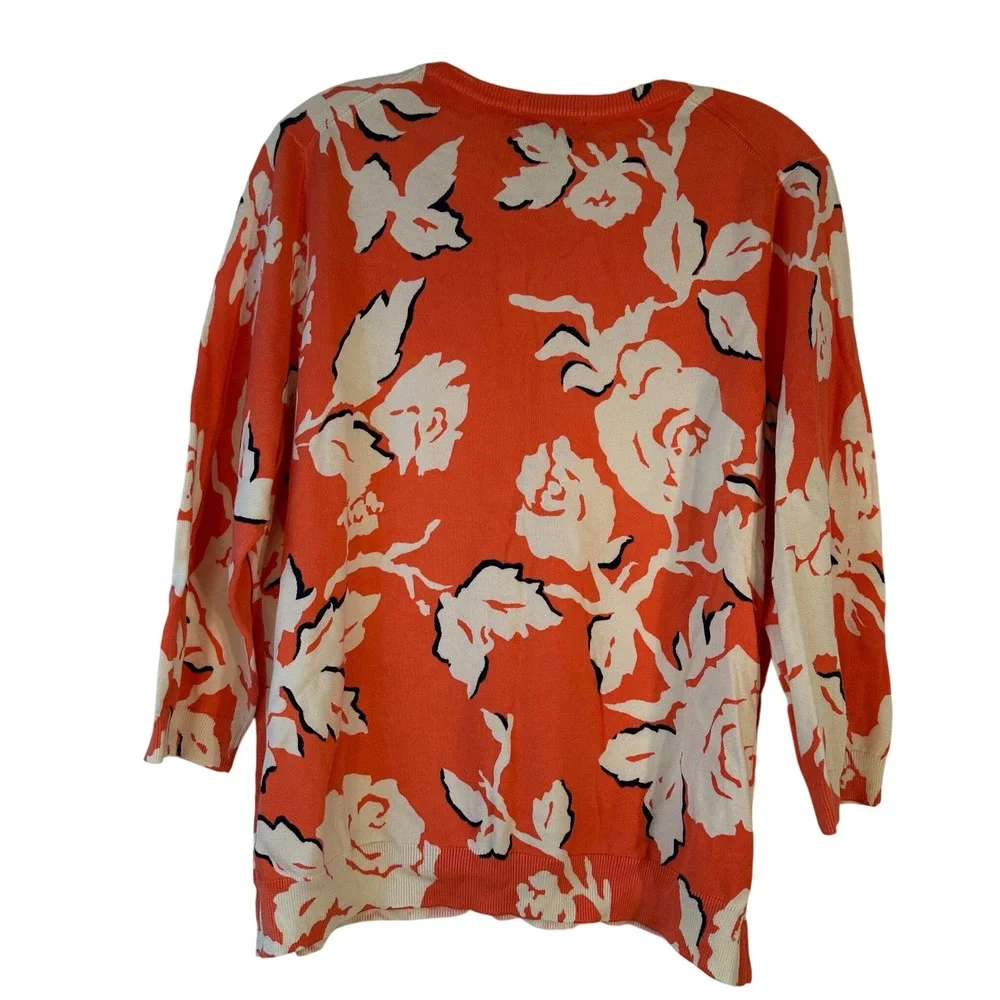 Lands' End Orange Floral Supima Cotton Sweater XL/P‎ 18 3/4 Sleeve Crewneck